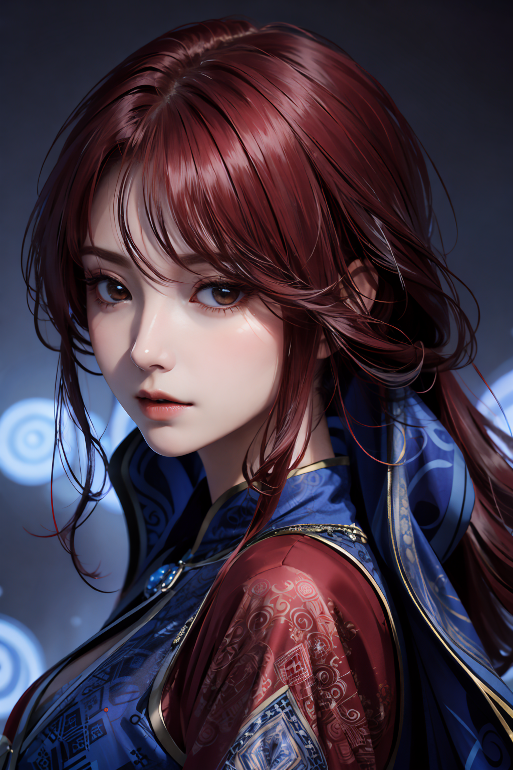 01970-1553253143-1girl,moyou,realistic,masterpiece, best quality, 1girl,red flame background, red hair, Long curly hair, face front, ((red fashio.png